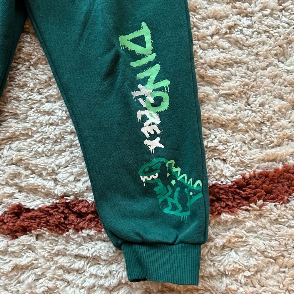 H&M Cool T-Rex Dino Graphic Cotton Terry Sweatpant Top Outfit Dark Green Size 4T